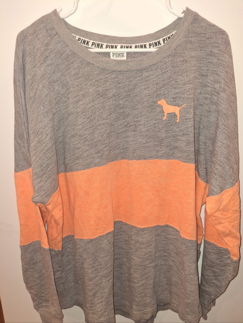 PINK Victoria's Secret Grey and Orange Colorblock Dog Logo Pullover